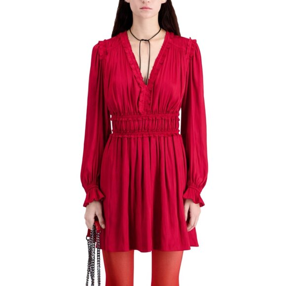 The Kooples Red Long Sleeve Mini Dress Elastic‎ Waist Ruffled Viscose Sz US 8 - Picture 1 of 15
